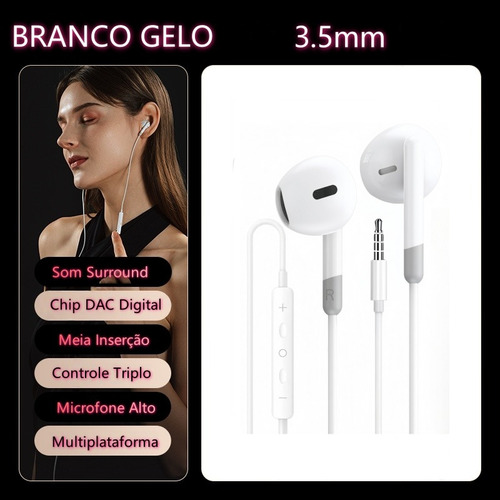 Fones De Ouvido Com Microfone E Fio Ezra Cor Preto Branco