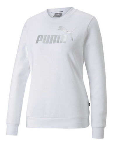 Poleron Crew Puma Ess+ Metallic Logo Crew Fl Blanco Mujer