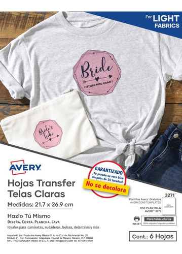 6 Hojas Transfer Tela Blanca Avery Sublimacion 21.7 X 29.1 Color Blanco