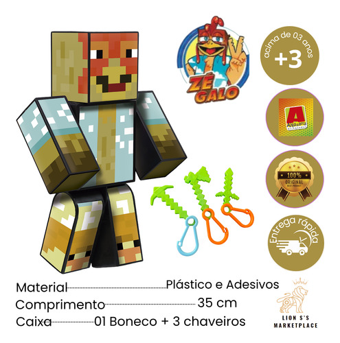 Boneco Minecraft Youtuber Ze Galo 35cm Grande+ 3 Chaveiros