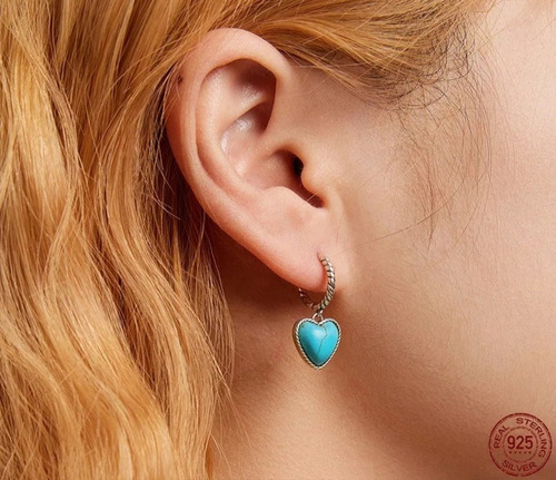 V Aros Argolla Turquesa Corazón Plata Joya Mujer