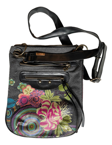 Cartera Desigual , Bandolera Forrada Con Bolsillos Gris Floreado Níquel Negro (Usado)