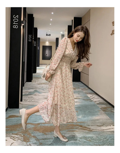 Vestido Midi De Manga Larga Con Cuello En V Y Estampado Flor