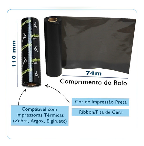 Cx 12 Un Ribbon Cera Armor Inkanto Awr1 110x74mm Preto Zebra