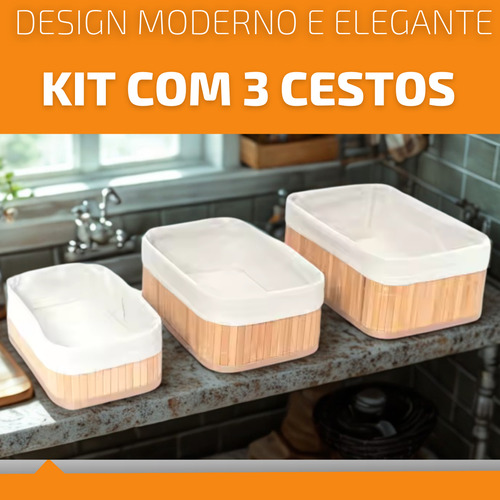 Kit 3 Cestos Caixa Organizador Bambu Tecido Multiuso Forro