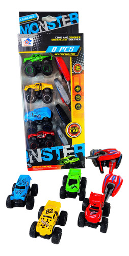 Pack 4 Autos Monster Con Lanzador Divertidos Set Autos Locos