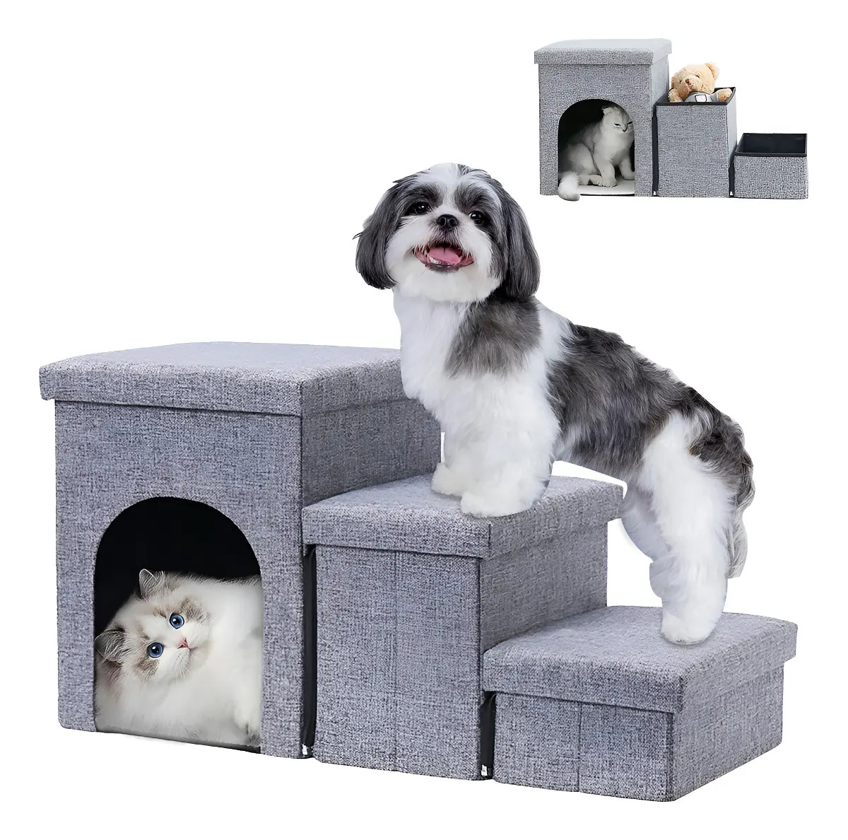 Escaleras para Perros Gatos De 3 Peldaños Escalera Plegable Para Mascotas con Cajas de Almacenamiento, Escalera Desmontable con Condominio Felpa Adecuado para Mascotas con Movilida