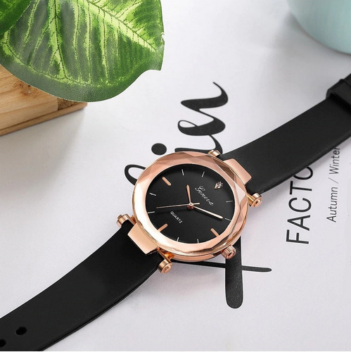 Relógio De Pulso Feminino Redondo Geneva Preto Rosa Pink