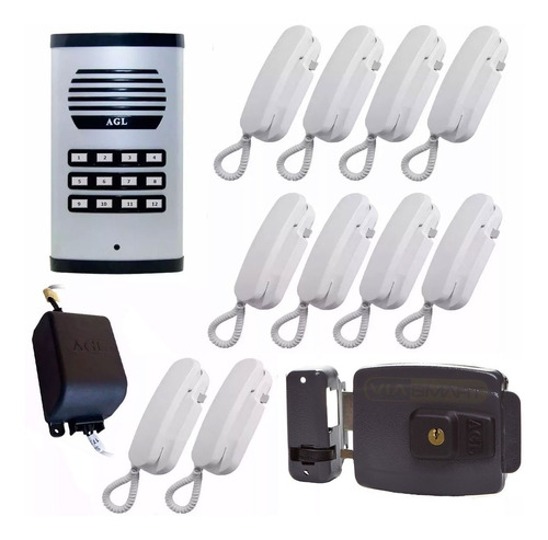 Kit Interfone Porteiro Coletivo Agl 10 Pontos + Fechadura