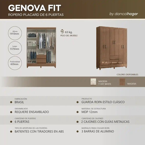 Ropero Placard 6 Puertas + 2 Cajones Armario Closet C/patas