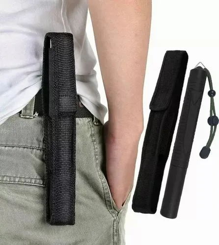 Bastón Retráctil 64cm Defensa Personal Con Funda Cromo Negro
