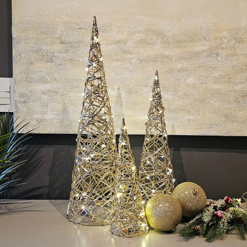 Kit 3 Árvore De Natal Com Luz Aramada Dourada