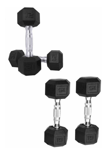 Combo 4 Mancuernas Rubber Hex Dumbbell Fit Goma 12lb + 15lb