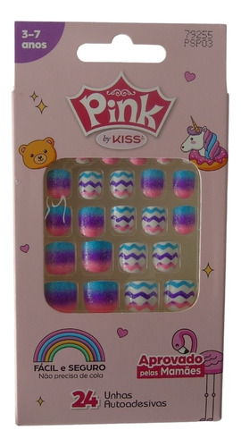 Unhas Autoadesivas Infantil Pink By Kiss Cor 7 Psp03 C/24