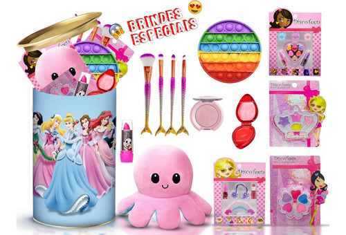 Imagem 1 de 5 de Kit Maquiagem Infantil Presente Lata + Brindes Kmlt6