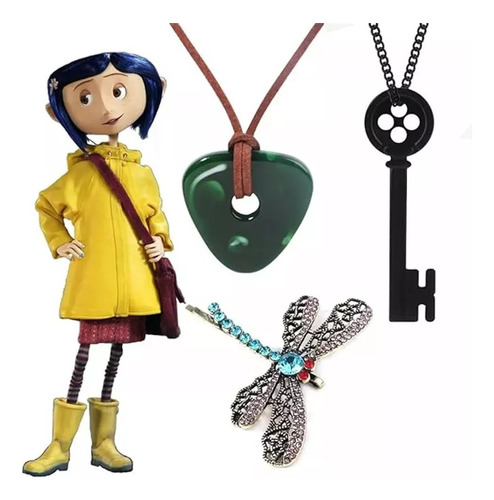 3pz Coraline Collar Piedra Verde+llave Botón+broche Libélula