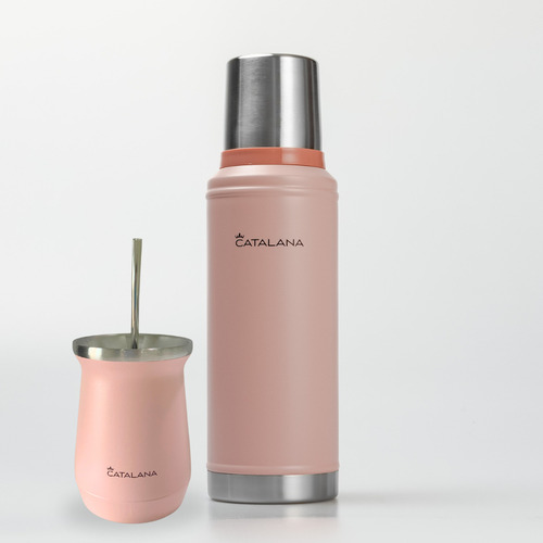Kit Termo 1l + Mate 236ml Doble Acero Inox Frio Calor 20hs Rosa