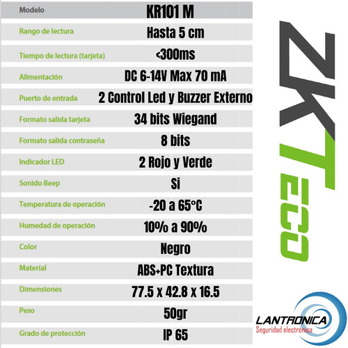 Imagen 2 de 8 de Lector Rfid 13.56mhz Kr101m Zkteco Mifare Proximidad Wiegand