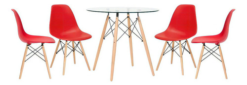 Kit Mesa Eames Wood 80 Cm Tampo Vidro 4 Cadeiras Eiffel Dsw Cor da tampa Vermelho