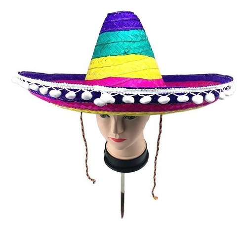 Sombrero De Paja De Colores Con Pompones P/fiesta Mexicana