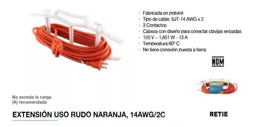 Extensión Eléctrica 20m Naranja Uso Rudo Fulgore Fp0129