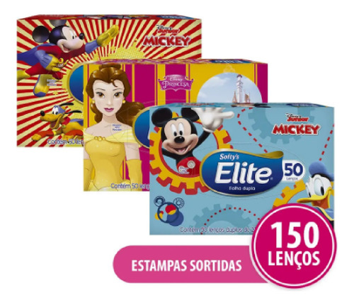 Kit 3 Lenço De Papel Softys Elite Folha Dupla Kids Disney