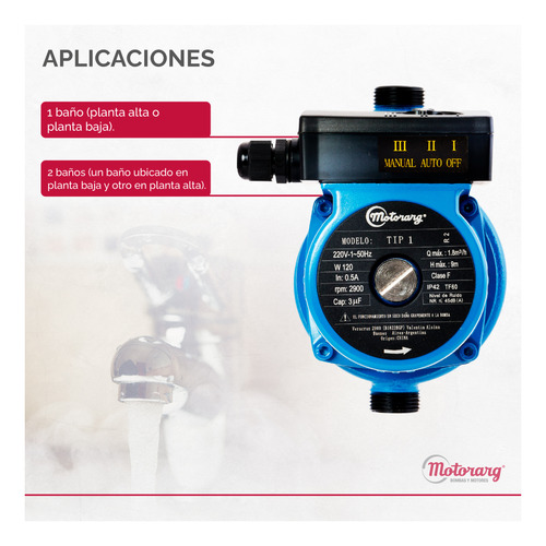 Imagen 4 de 12 de Bomba Presurizadora Motorarg Tip1 1-2 Baños 9mts 120 Watts
