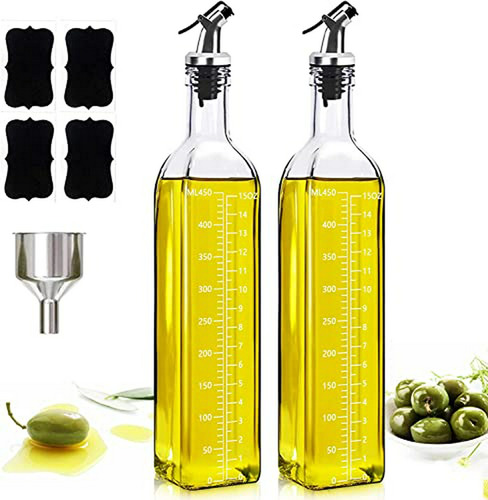 Set Aceitera Vidrio 500ml, 2 Botellas Con Tapón, 4 Etiquetas