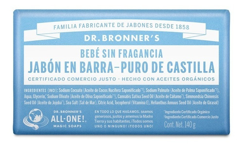 Dr. Bronner Jabón Puro De Castilla Barra Sin Fragancia 140g