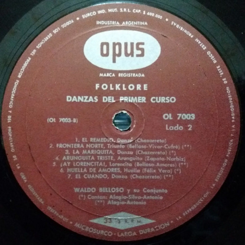 Folklore Danzas Del Primer Curso - Waldo Belloso Lp (Usado)