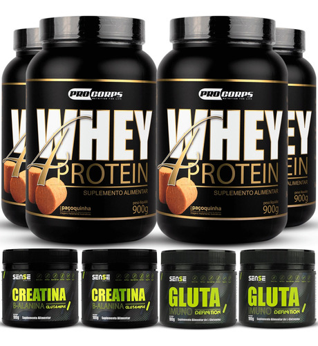 Kit 4 Whey Protein 900g + 2 Creatina + 2 Glutamina Sabor Chocolate