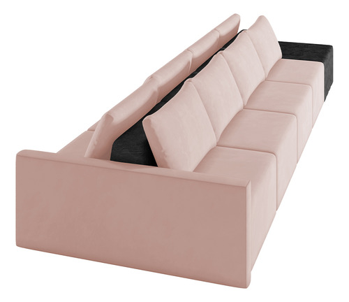 Sofá Ilha Modular Para Sala 392cm com Puff Dublin K01 Veludo Rosê e Sintético Preto