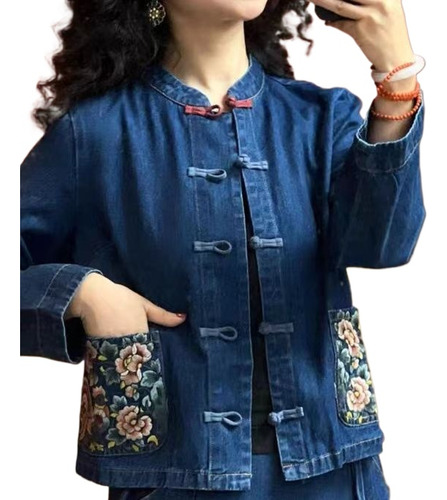 Chaqueta De Manga Larga De Jeans Azul Con Bordado Artístico