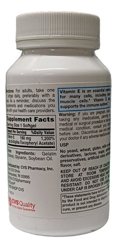 Vitamina E 180mg Cvs 100 Tabletas Suplemento Dietetico