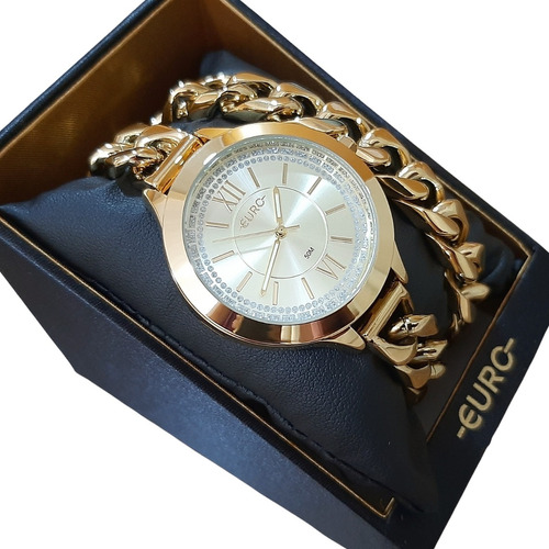 Relógio De Pulso Euro Fashion Fit Eu2035yua/4d Com Corpo Dourado,  Cristal Mineral, Para Feminino, Com Correia De Aço Inoxidável Cor Dourado E Pulseira