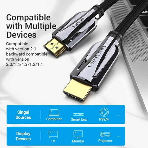 Imagen 9 de 10 de Cable Premium Hdmi 2.1 8k Earc 144hz Hdr 48gb 1.5 Mt Vention