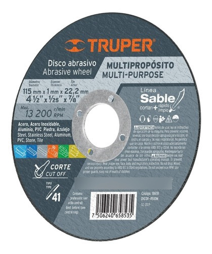 Disco Tipo 41 De 4-1/2  X 1 Mm Corte Multimaterial, Sable