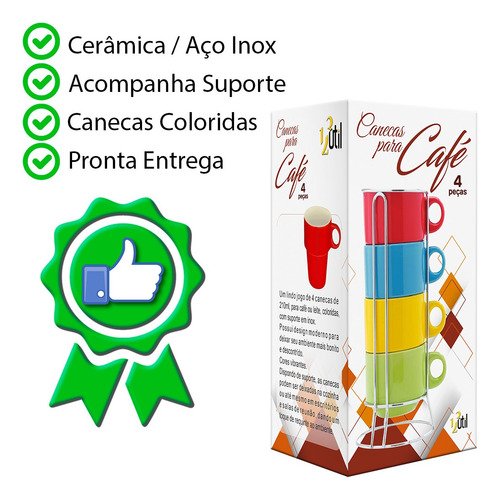 Imagem 4 de 6 de Kit Xicara Caneca Café Chá Ceramica 4un C/ Suporte Aço Inox