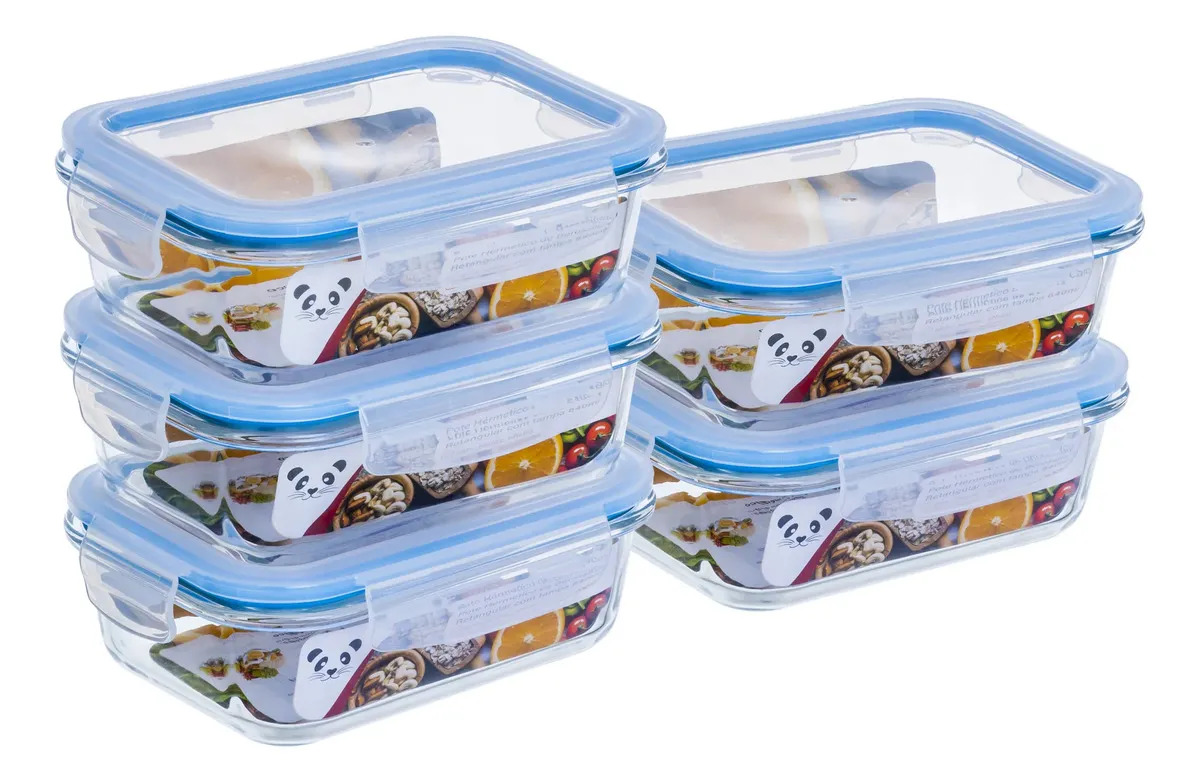 Conjunto 5 Potes de Vidro Hermético 640ml Gato Panda