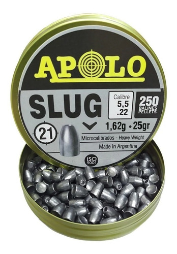 Imagen 2 de 10 de Balines Apolo Slug X250 5.5 Mm - Punta Solida Hueca 25 Gr
