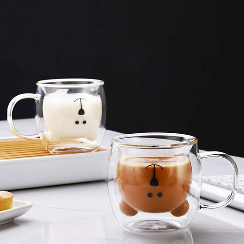 Tazas X2 De Vidrio Doble Con Manija Osos 250ml Pocillos Cafe Vidrio Doble Oso