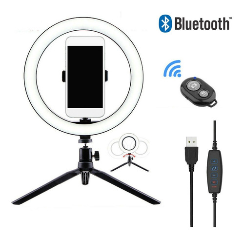 Imagen 2 de 8 de Aro De Luz Led 10 26cm Control Bluetooth Mesa Escritorio