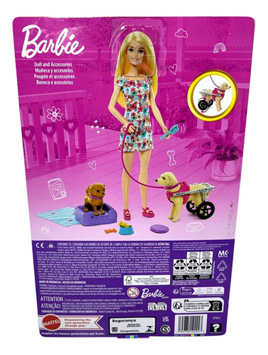 Conjunto Passeio Caminhada Com Animais De Estimação - Boneca Menina Barbie Loira E Animal Cão Cachorro Cachorrinho Labrador Cadeira De Rodas Com Acessórios Pet - Mattel Brinquedos