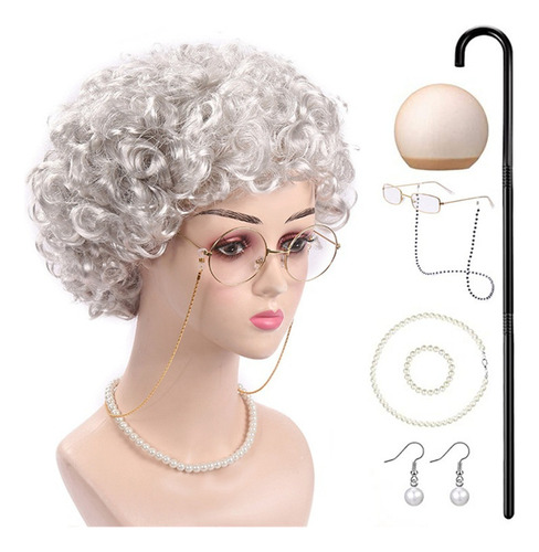 Peluca De Halloween Granny Curls, Juego De 8 Piezas