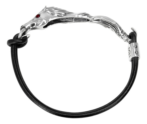 Pulsera Diseño De Caballo Plata Fina De Ley Y Correa De Piel