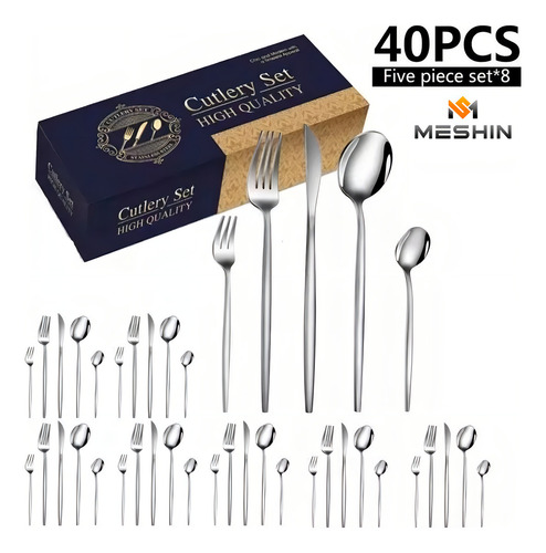 Juego De 40 Cuchillos, Tenedores Y Cucharas De Acero Inoxidable Plateado