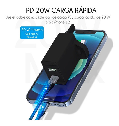 Cargador Adaptador Vention De Viaje Usb Y Tipo C 20w