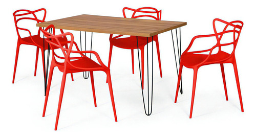 Mesa De Jantar Hairpin Natural 130x80cm + 4 Cadeiras Allegra Cor Vermelho
