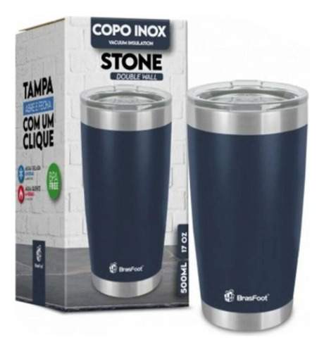 Copo Térmico Azul Escuro Stone Com Tampa 500ml Brasfoot