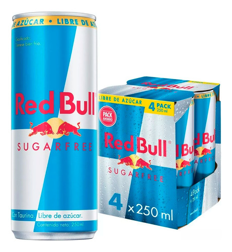 Pack 4 Bebida Energetica Red Bull Sin Azucar 250ml 